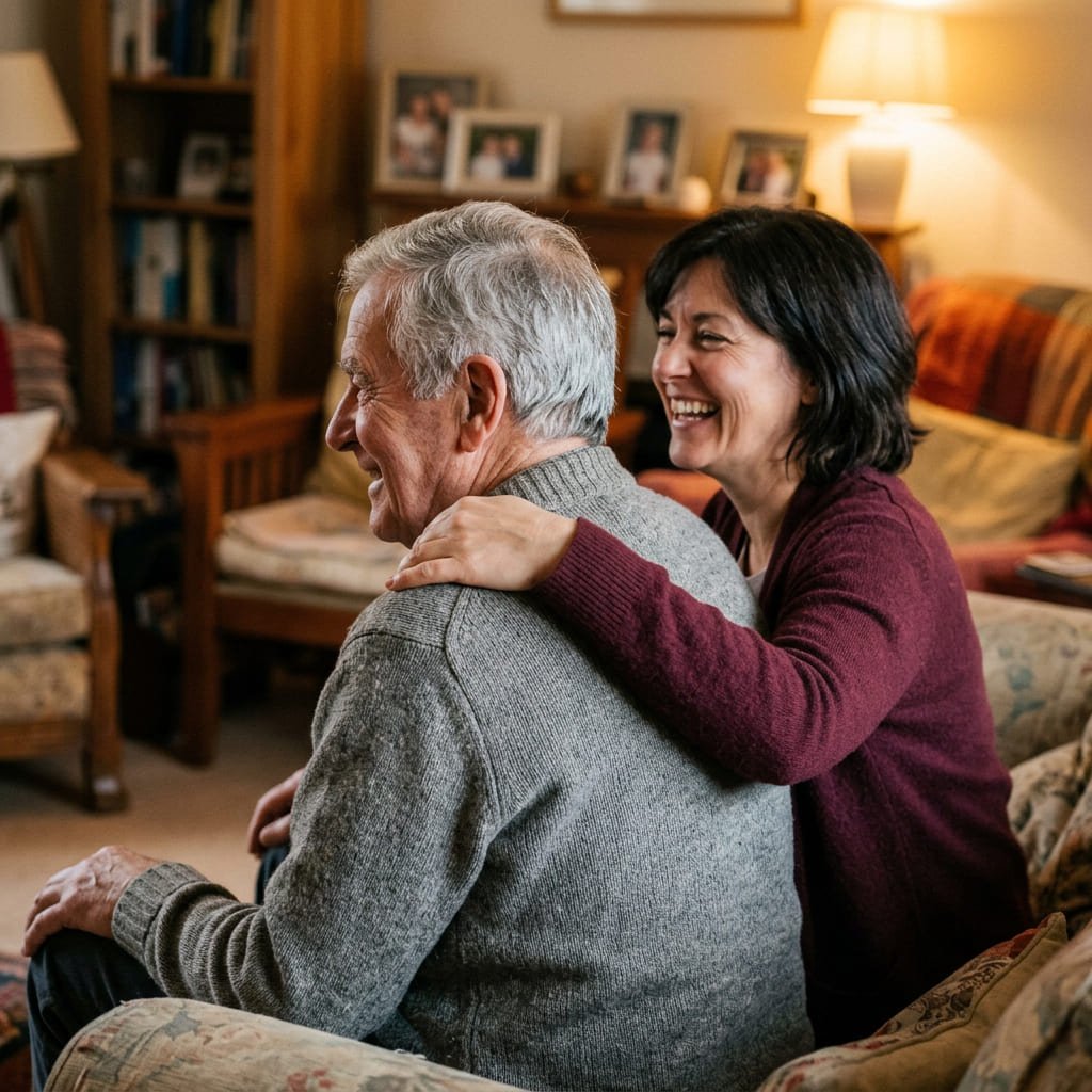Elderly father laughing with his adult daughter in a warm home
