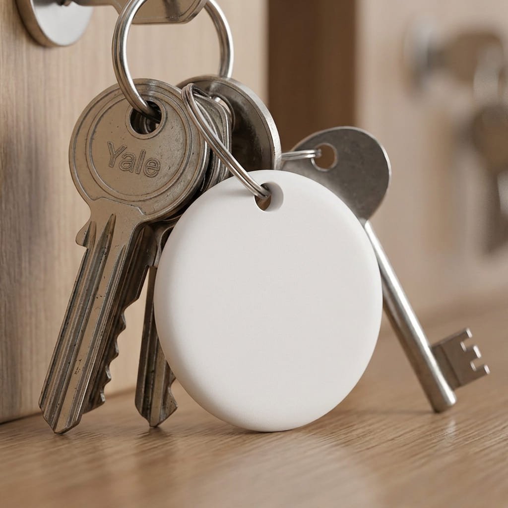 BeSafeTag GPS tracker clipped to a house keychain